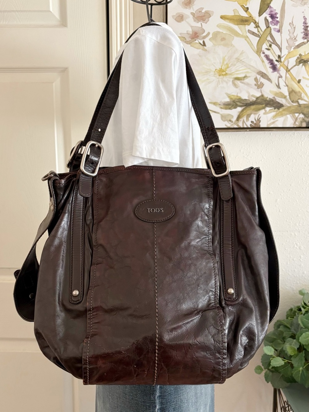 TOD'S Brown Distressed Leather Large Hobo Tote Shoulder Bag Made in Italy